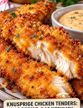 Goldbraune Chicken Tenders auf Backpapier, frisch aus dem Ofen, mit Dip daneben