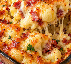 Kohl-Gratin mit goldbrauner Käsekruste, Speckstücken und frischer Petersilie in einer Auflaufform