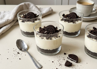 Oreo Cheesecake im Glas mit Frischkäsecreme und Oreo-Krümeln, von oben fotografiert