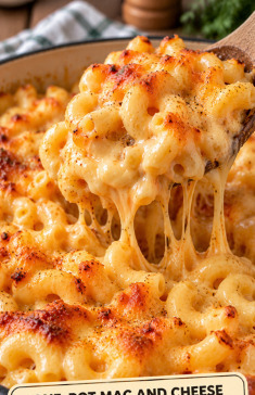 Cremiges One-Pot Mac and Cheese in einem Topf auf dem Herd, dampfend und mit geschmolzenem Käse überzogen