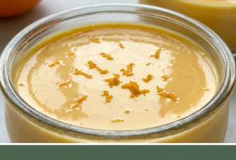 Orangen-Posset in kleinen Gläsern serviert, cremig-glänzend mit frischer Orangenschale garniert