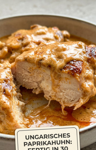 Ungarisches Paprikahuhn mit roter Paprikasauce und saurer Sahne in einer gusseisernen Pfanne